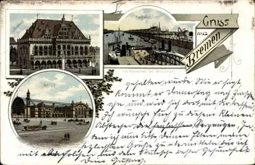 Ak Hansestadt Bremen,  mit Gebäude, Hafenansicht, Kunst-Illustration, Gruss aus Bremen