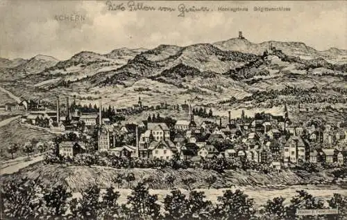 Ak Achern in Baden Schwarzwald, Ansicht der Stadt  Berge im Hintergrund, kunstvolle Zeichnung