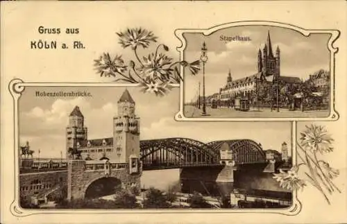 Ak Hohenlind Köln,  mit Hohenzollernbrücke, Stapelhaus, Blumenmuster
