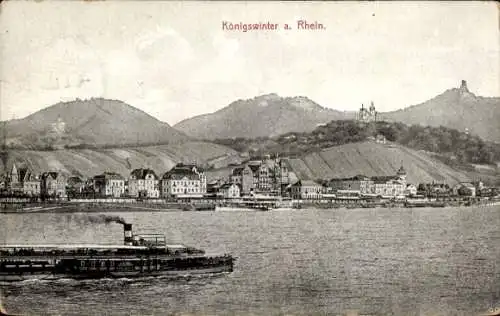 Ak Königswinter am Rhein, Landschaft mit Häusern, Rhein, Dampfschiff, Hügel, Königswinter, s Moti
