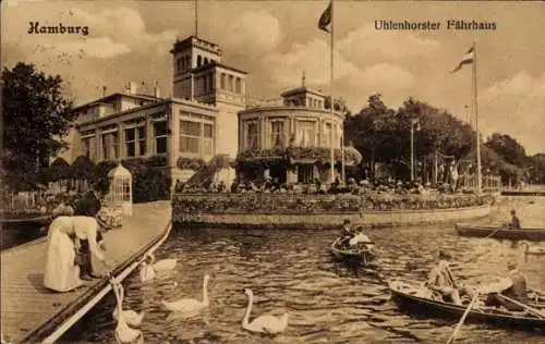 Ak Hamburg Nord Uhlenhorst, Uhlenhorster Fährhaus, Schwäne, Boote, Menschen am Wasser
