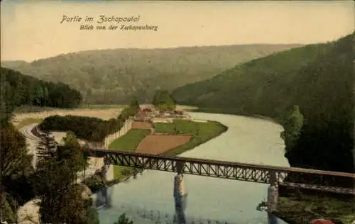 Ak Geringswalde Sachsen, Blick auf die Zschopauburg, Flusslandschaft, hügelige Umgebung