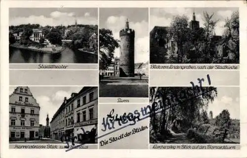 Ak Guben in der Niederlausitz, Stadttheater, Turm, Blick vom Lindengraben, Herrenstraße, Stadt de