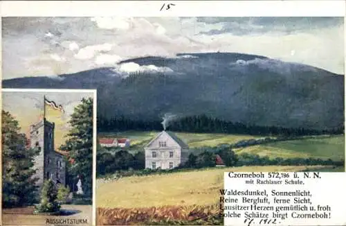 Künstler Ak Cunewalde in der Oberlausitz, Czorneboh, Aussichtsturm, Rachlauer Schule