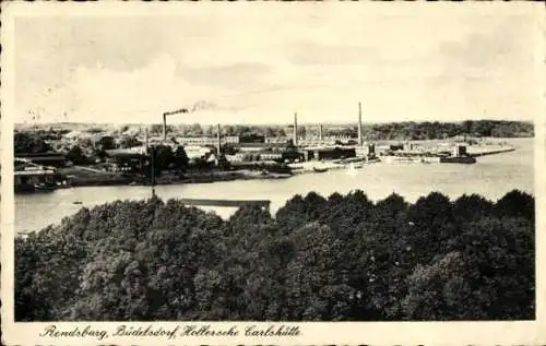 Ak Rendsburg in Schleswig Holstein, Industrieansicht, Fabriken, Flusslandschaft, Bäume im Vorderg