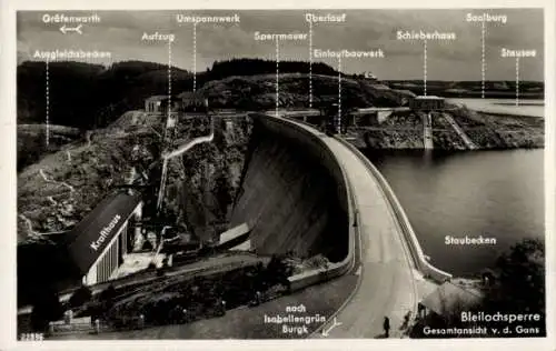 Ak Saalburg in Thüringen, Bleilochtalsperre, Staubecken, Sperrmauer, Krafthaus