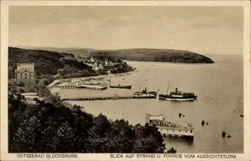Ak Glücksburg an der Ostsee, Ostseebad, Blick auf Strand, Fohrde vom Aussichtsturm
