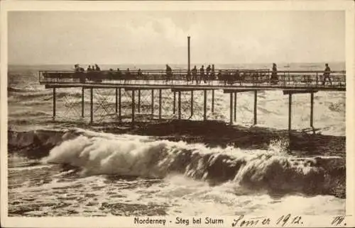 Ak Nordseebad Norderney Ostfriesland, Steg bei Sturm, Wellen, Personen auf der Holzplattform