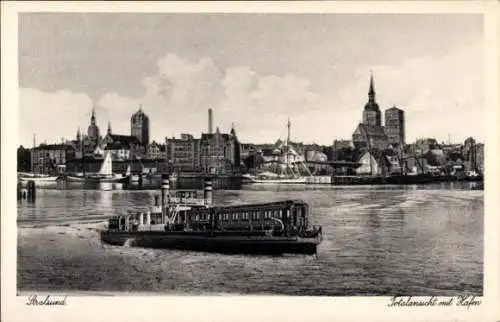 Ak Stralsund in Mecklenburg Vorpommern, Totale mit Hafen, Trajektschiff