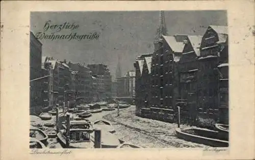 Ak Hamburg Mitte Altstadt, Schneebedeckte Stadtansicht, Weihnachtsgrüße, Deichstraße