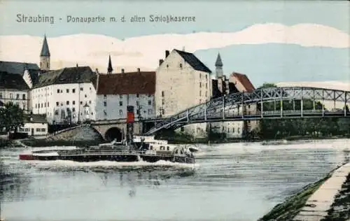 Ak Straubing an der Donau Niederbayern, Donauskahn, alte Schlosskaserne, Brücke,  Architektur
