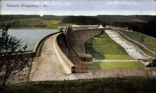 Ak Klingenberg im Erzgebirge Sachsen, Talsperre Klingenberg i. Sa., große Mauer, Wasserfälle, Lan