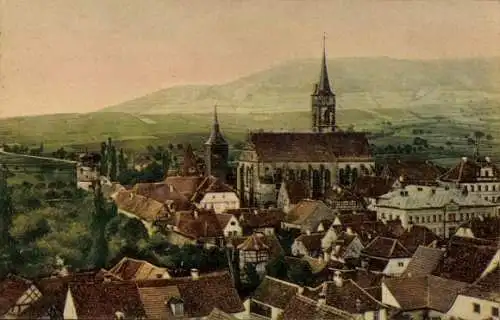 Ak Iphofen in Unterfranken, Farbige Ansicht von  Kirche, Hügellandschaft, Häuser