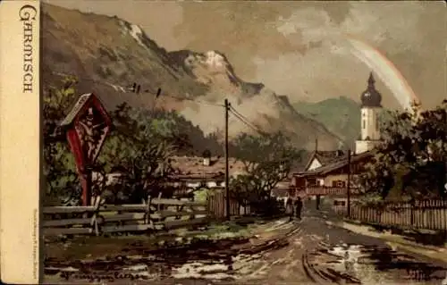 Ak Garmisch Partenkirchen in Oberbayern, Straße mit Häusern, Kirche, Regenbogen, Berglandschaft