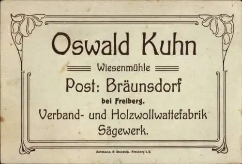 Ak Bräunsdorf Limbach Oberfrohna Sachsen, Oswald Kuhn, Wiesenmühle,  Verband- und Holz-wollwattef