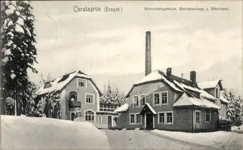 Ak Carolagrün Auerbach im Vogtland, Wirtschaftsgebäude, Betriebsanlage, Wäscherei, schneebedeckte