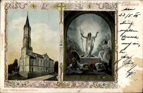 Ak Eibenstock im Erzgebirge Sachsen, Neogotische Kirche, Auferstehung Christi, Drucktitel: Erzgeb