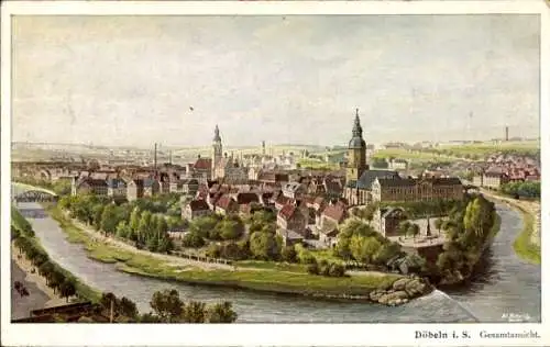 Ak Döbeln in Sachsen, Gesamtansicht von  Stadtansicht, Fluss, Gebäude