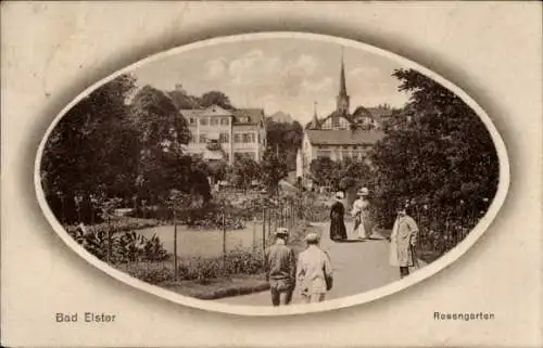 Ak Bad Elster im Vogtland, Rosengarten, Gebäude, Kirche, Spaziergänger