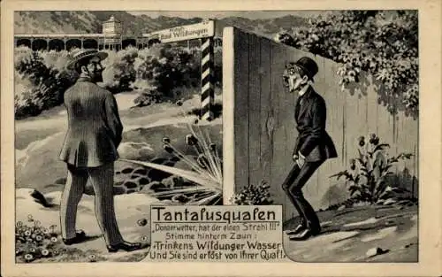 Ak Bad Wildungen in Hessen, Tantalusquafen, humorvolle Darstellung, zwei Männer, Wasserquelle, ba