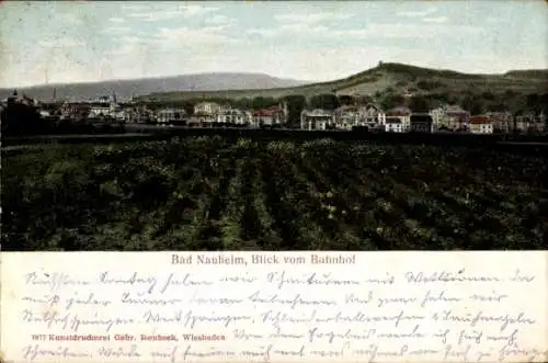Ak Bad Nauheim in Hessen,  Stadtansicht, Bahnhof, Weinberge, hügelige Landschaft