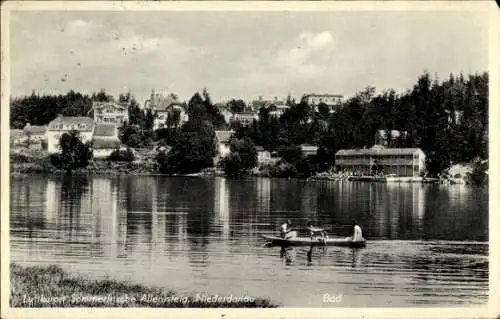 Ak Břeclav Lundenburg Niederdonau Südmähren, Landschaft mit Häusern, See, Boote, Bäume, Beschrift