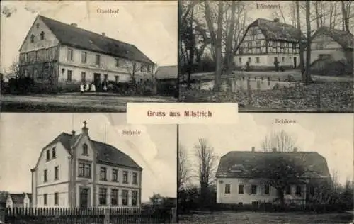 Ak Milstrich Oßling Ossling in der Oberlausitz, Gasthof, Försterei, Schule, Schloss