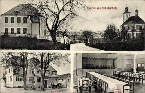 Ak Nebelschütz in Sachsen, Teilansicht, Kirche, Erbgericht, Saal
