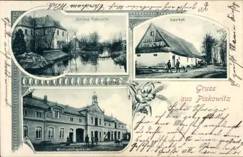 Ak Piskowitz Nebelschütz Oberlausitz, Schloss, Gasthof, Wirthschaftsgebäude