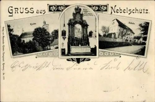 Ak Nebelschütz in Sachsen, Kirche, Altar, Schule