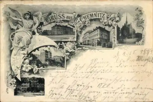 Passepartout Ak Chemnitz Sachsen, Teilansichten, Kirche, Schule, Engel