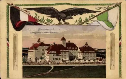 Passepartout Ak Bischofswerda im Kreis Bautzen, Königliches Lehrerseminar, Fahnen, Adler