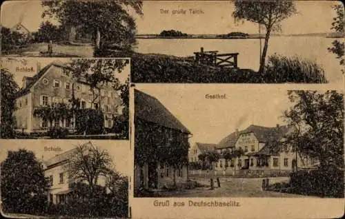 Ak Deutschbaselitz Kamenz Sachsen, Schloss, Schule, großer Teich, Gasthof