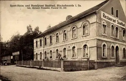 Ak Bischofswerda in Sachsen, Sport-Heim, Restaurant Stadtbad, Inh. Richard Preusche
