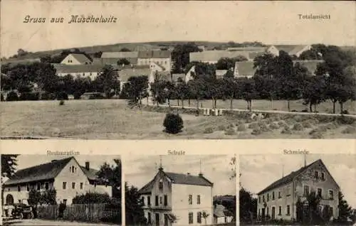 Ak Muschelwitz Göda in der Oberlausitz, Gesamtansicht, Restauration, Schule, Schmiede