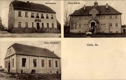 Ak Göda in der Oberlausitz, Kirchschule, Neue Schule, Neue Turnhalle