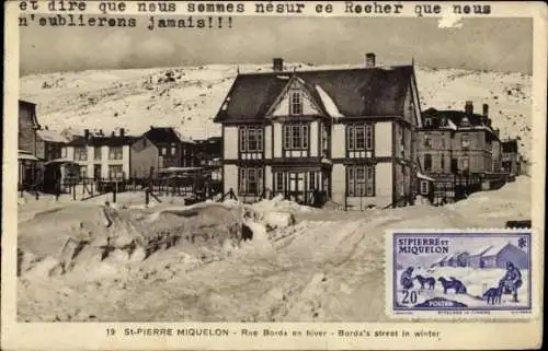 Ak Saint Pierre et Miquelon, Borda Straße im Winter, Hotel