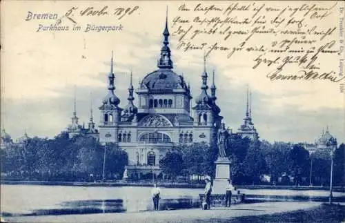 Ak Bremen, Parkhaus im Bürgerpark, Denkmal am Teich
