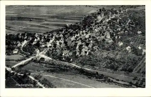 Ak Markelsheim Bad Mergentheim in Tauberfranken, Luftaufnahme, Kleines Dorf, Ackerland, Kirche