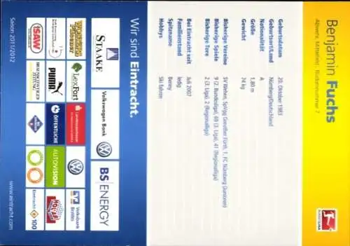 Autogrammkarte Fußballer Benjamin Fuchs, Eintracht Braunschweig, Autogramm