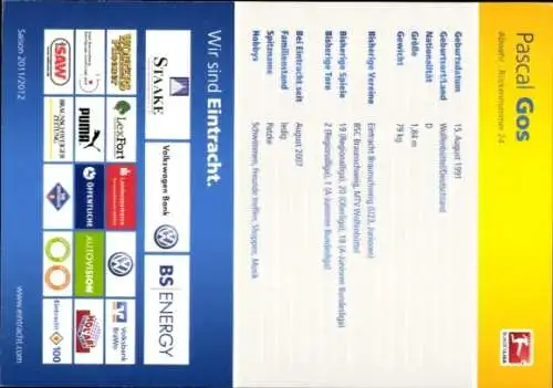 Autogrammkarte Fußballer Pascal Gos, Eintracht Braunschweig, Autogramm