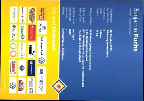 Autogrammkarte Fußballer Benjamin Fuchs, Eintracht Braunschweig, Autogramm