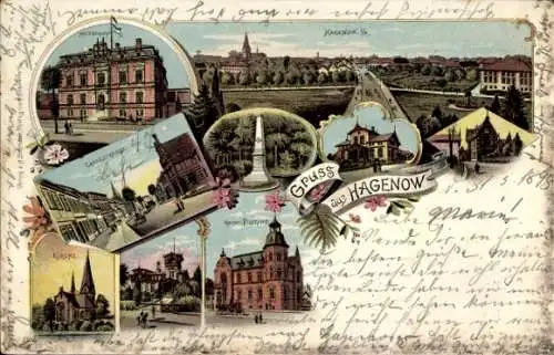 Litho Hagenow in Mecklenburg, Gesamtansicht, Kirche, Postamt, Amtsgericht, Langestraße