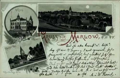 Mondschein Litho Marlow in Mecklenburg, Gesamtansicht, Rathaus, Ribnitzer Tor