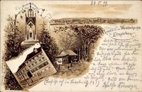 Litho Ermsleben Falkenstein Harz, Gruß von der Waldschenke, Kriegerdenkmal, Hotel goldener Ring