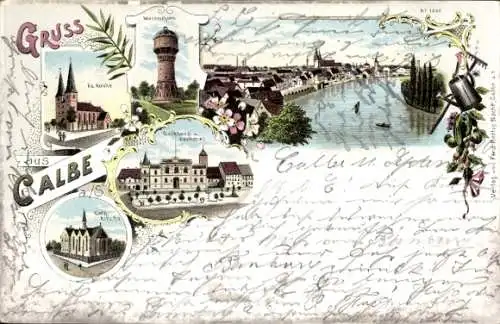 Litho Calbe an der Saale, Wasserturm, Kirche, Panorama, Rathaus, Denkmal