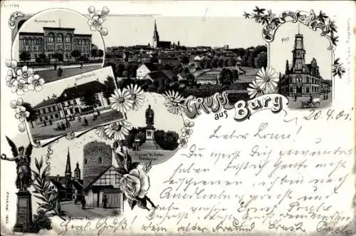 Litho Burg bei Magdeburg, Gymnasium, Post, Hotel Roland