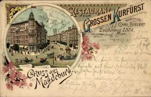 Litho Magdeburg in Sachsen Anhalt, Restaurant zum Gr. Kurfürst, Carl Bielert, Breiteweg 232a
