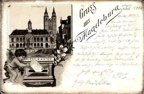 Litho Magdeburg an der Elbe, Alter Markt, Engel, Postbriefkasten