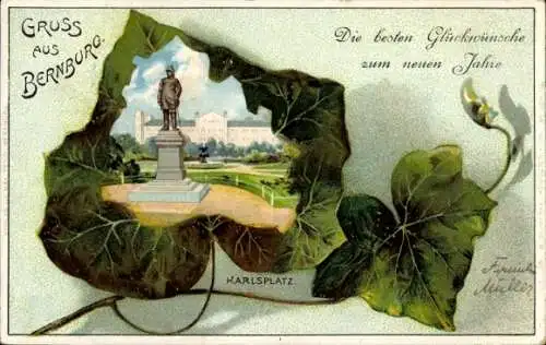 Präge Efeublatt Passepartout Litho Bernburg an der Saale, Karlsplatz, Denkmal, Fröhliches Neujahr